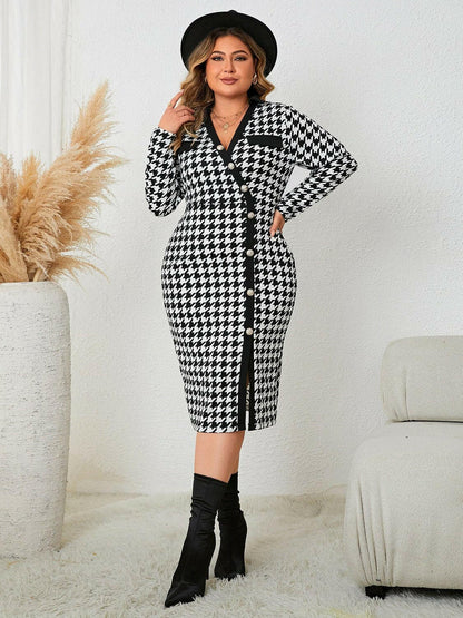 Plus Size Houndstooth Long Sleeve Slit Dress - Love Salve