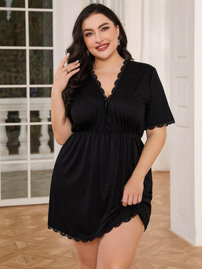 Plus Size Deep V Lace Nightgown with Chic Lace TrimIndulge in Elegance and Comfort with Our Plus Size Deep V Lace Nightgown
 
 
Style: Chic
 
Features: Intricate Lace Trim
 
Neckline: Plunging V-neck
 
Sleeve Length:Love Salve Chic Lace Trimswimwear