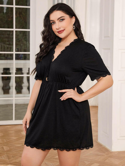 Plus Size Deep V Lace Nightgown with Chic Lace TrimIndulge in Elegance and Comfort with Our Plus Size Deep V Lace Nightgown
 
 
Style: Chic
 
Features: Intricate Lace Trim
 
Neckline: Plunging V-neck
 
Sleeve Length:Love Salve Chic Lace Trimswimwear