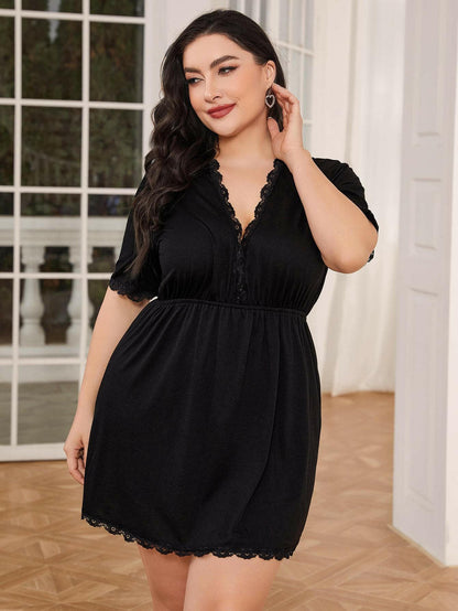 Plus Size Deep V Lace Nightgown with Chic Lace TrimIndulge in Elegance and Comfort with Our Plus Size Deep V Lace Nightgown
 
 
Style: Chic
 
Features: Intricate Lace Trim
 
Neckline: Plunging V-neck
 
Sleeve Length:Love Salve Chic Lace Trimswimwear