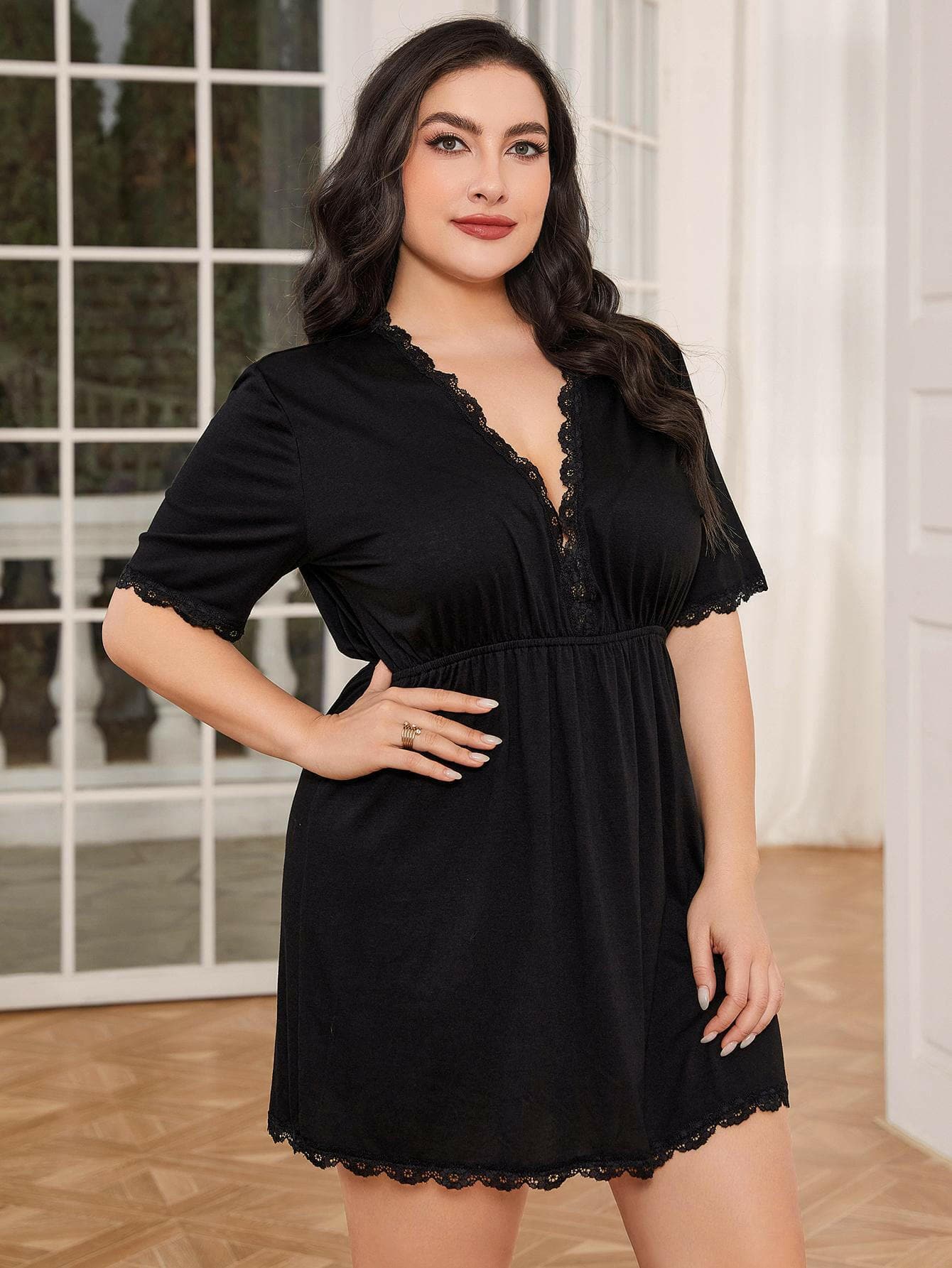 Plus Size Deep V Lace Nightgown with Chic Lace TrimIndulge in Elegance and Comfort with Our Plus Size Deep V Lace Nightgown
 
 
Style: Chic
 
Features: Intricate Lace Trim
 
Neckline: Plunging V-neck
 
Sleeve Length:Love Salve Chic Lace Trimswimwear