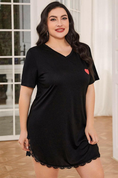 Plus Size Lace Trim V-Neck Short Sleeve Night Dress - Love Salve