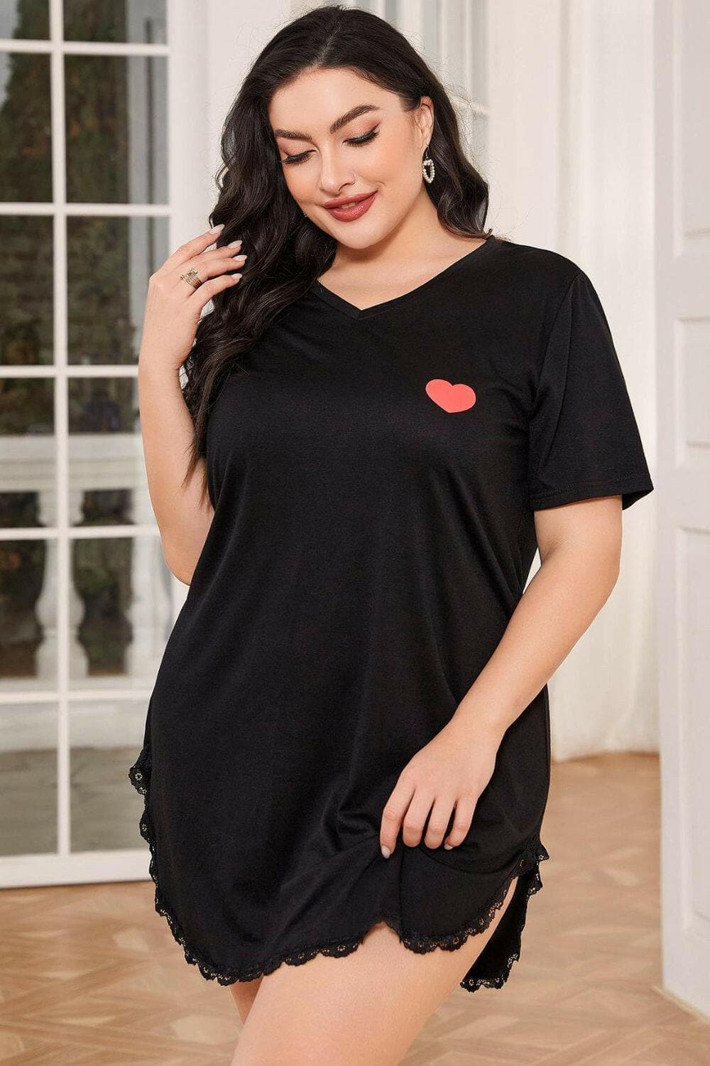 Plus Size Lace Trim V-Neck Short Sleeve Night Dress - Love Salve