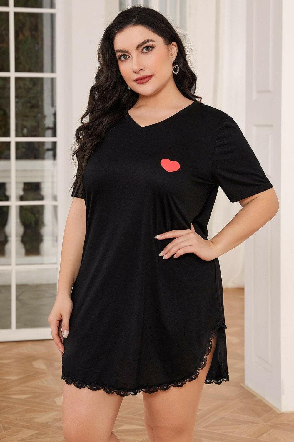 Plus Size Lace Trim V-Neck Short Sleeve Night Dress - Love Salve