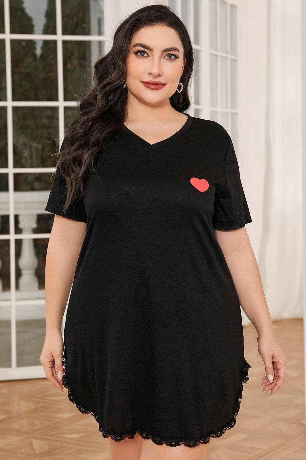 Plus Size Lace Trim V-Neck Short Sleeve Night Dress - Love Salve