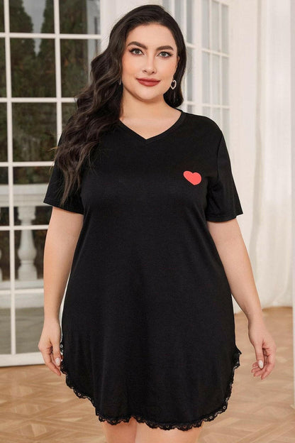 Plus Size Lace Trim V-Neck Short Sleeve Night Dress - Love Salve