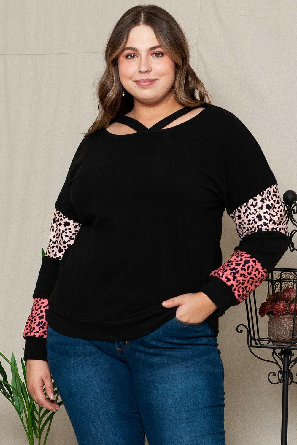 Plus Size Leopard Dropped Shoulder Long Sleeve T-Shirt - Love Salve