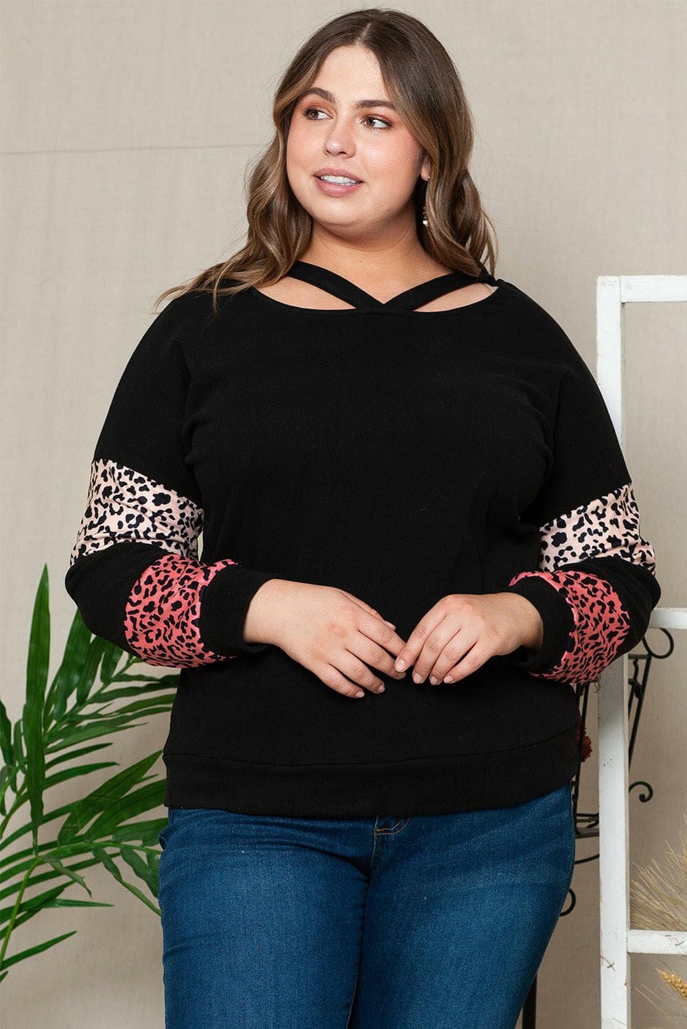 Plus Size Leopard Dropped Shoulder Long Sleeve T-Shirt - Love Salve