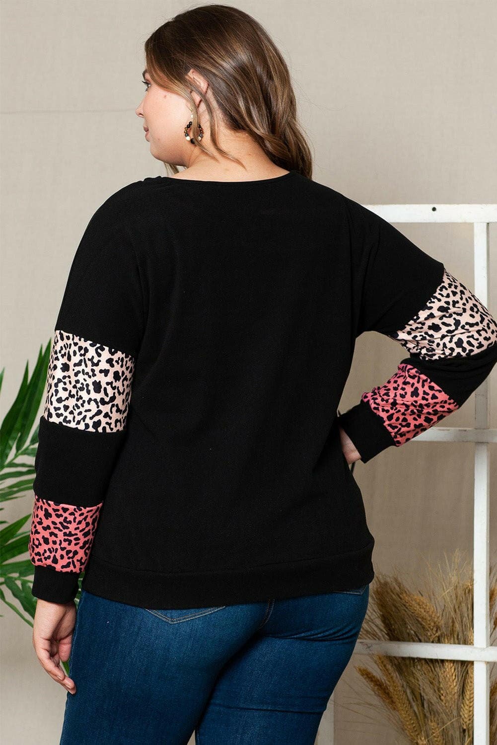 Plus Size Leopard Dropped Shoulder Long Sleeve T-Shirt - Love Salve