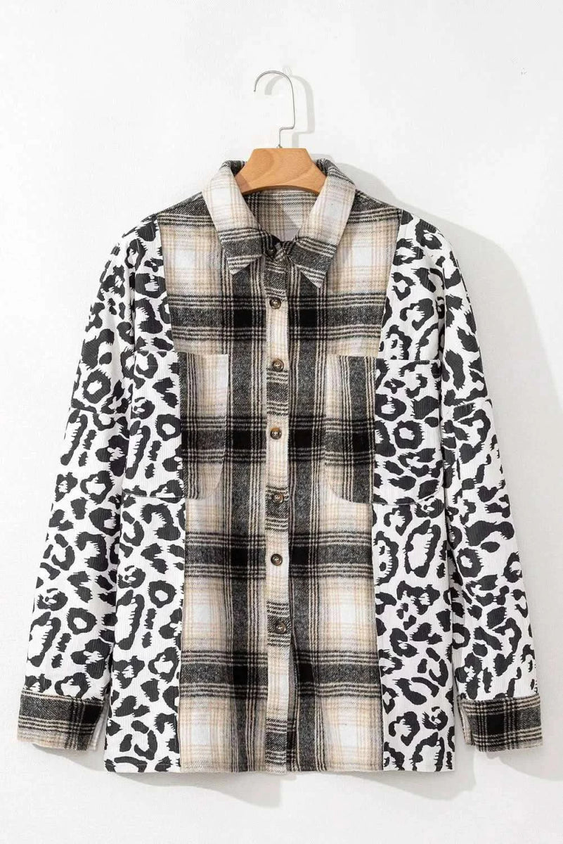 Plus Size Leopard Plaid Button Up Long Sleeve Shacket - Love Salve 