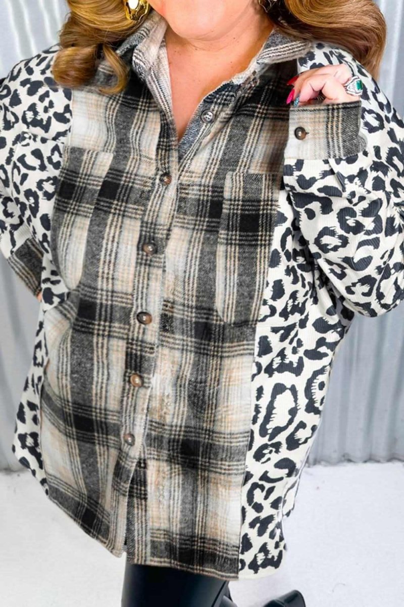 Plus Size Leopard Plaid Button Up Long Sleeve Shacket - Love Salve 