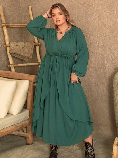 Layered Sheer Plus Size Balloon Sleeve Viscose Midi DressExperience Elegance in Motion
 Indulge in the epitome of sophistication with our Layered Sheer Plus Size Balloon Sleeve Viscose Midi Dress. Elevate your style with iLove Salve Size Balloon Sleeve Viscose Midi Dressplus