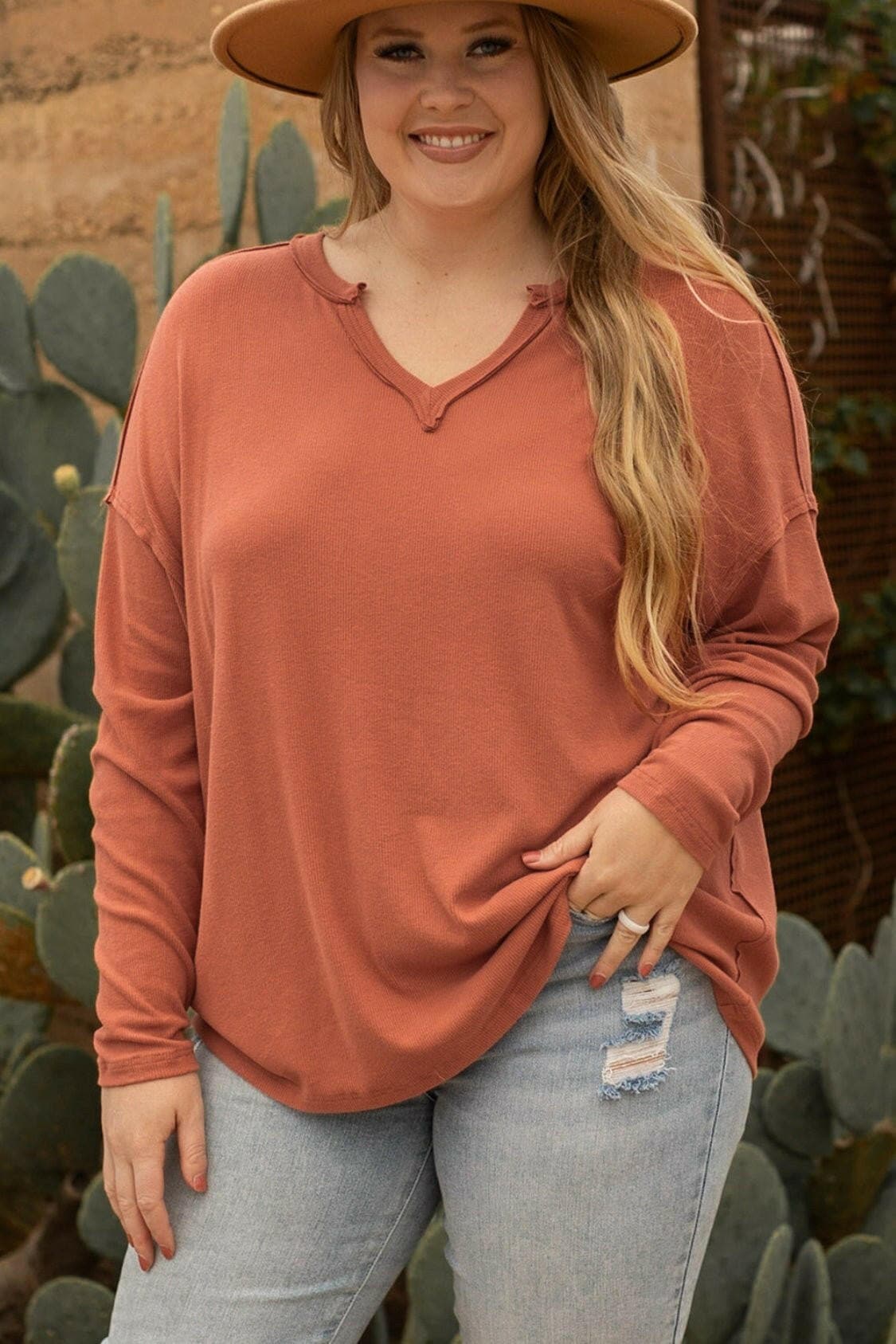 Plus Size Notched Long Sleeve T-Shirt - Love Salve