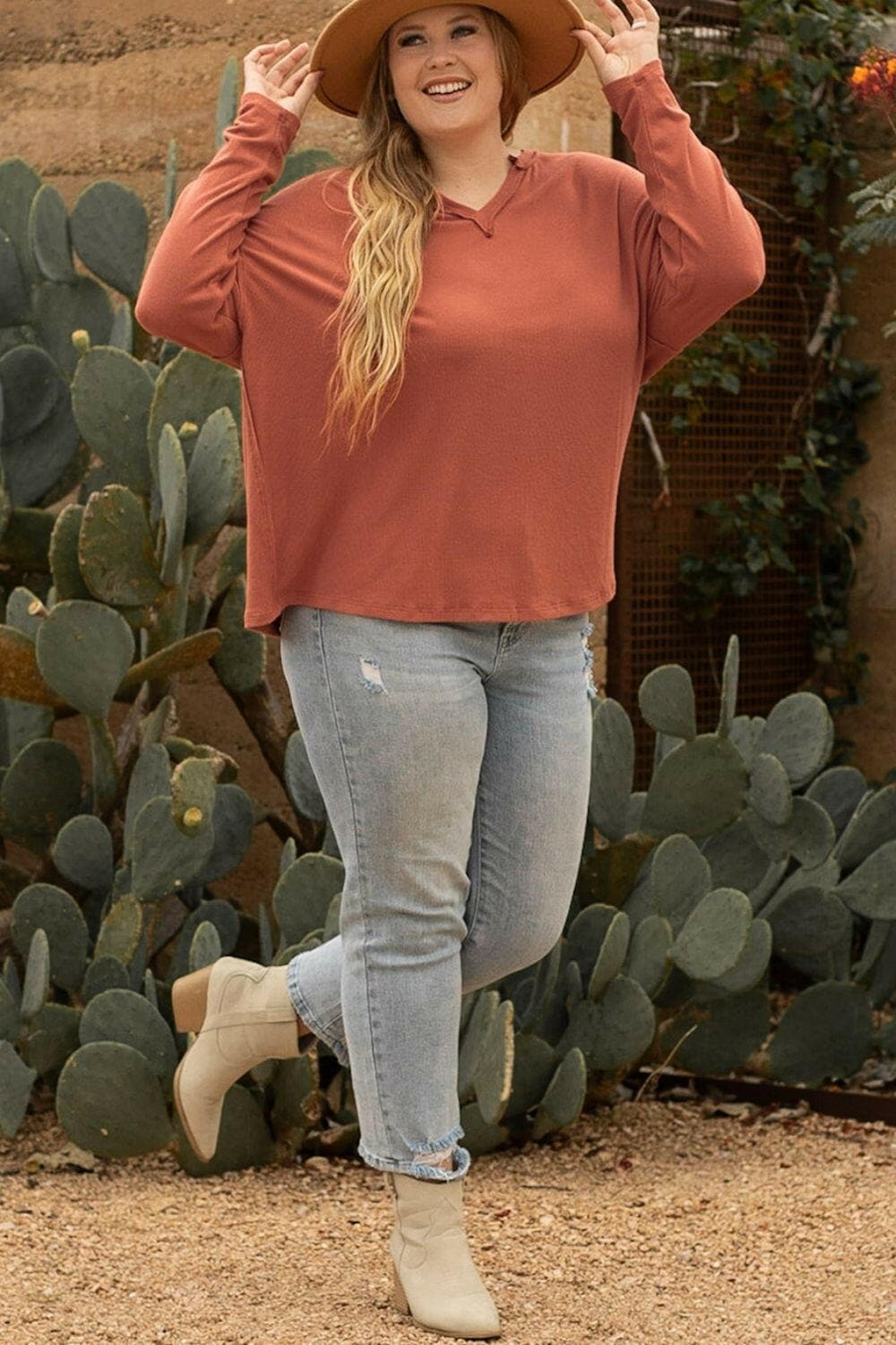 Plus Size Notched Long Sleeve T-Shirt - Love Salve