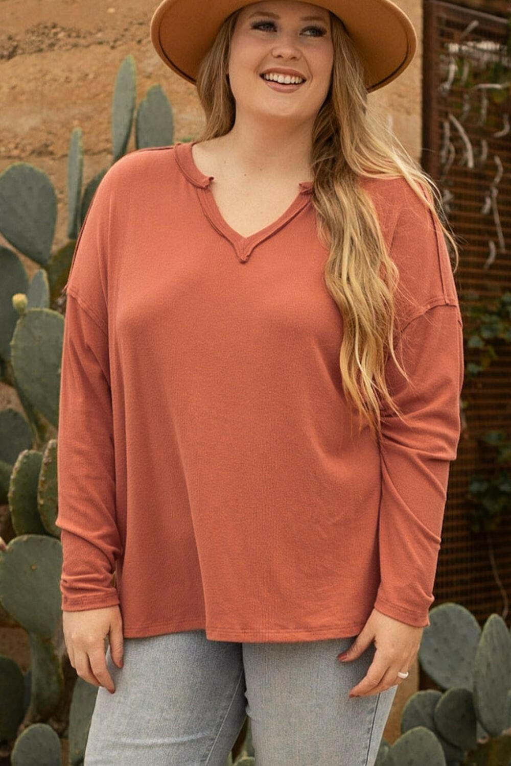 Plus Size Notched Long Sleeve T-Shirt - Love Salve