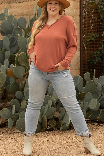 Plus Size Notched Long Sleeve T-Shirt - Love Salve