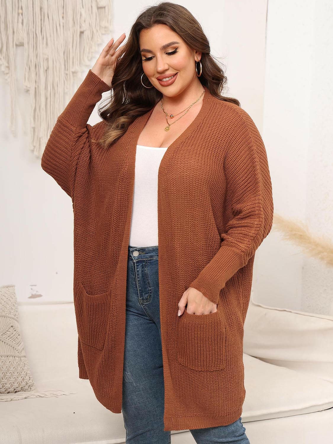 Plus Size Open Front Cardigan With Pockets - Love Salve