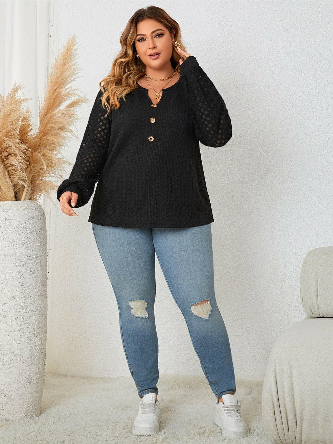 Openwork Plus Size Sheer Button-Up BlouseUpgrade Your Wardrobe with Style: Openwork Plus Size Sheer Button-Up Blouse
 
 
Elevated Sheer Elegance: Embrace sophistication with a sheer button-up blouse that exLove Salve Size Sheer Button-plus