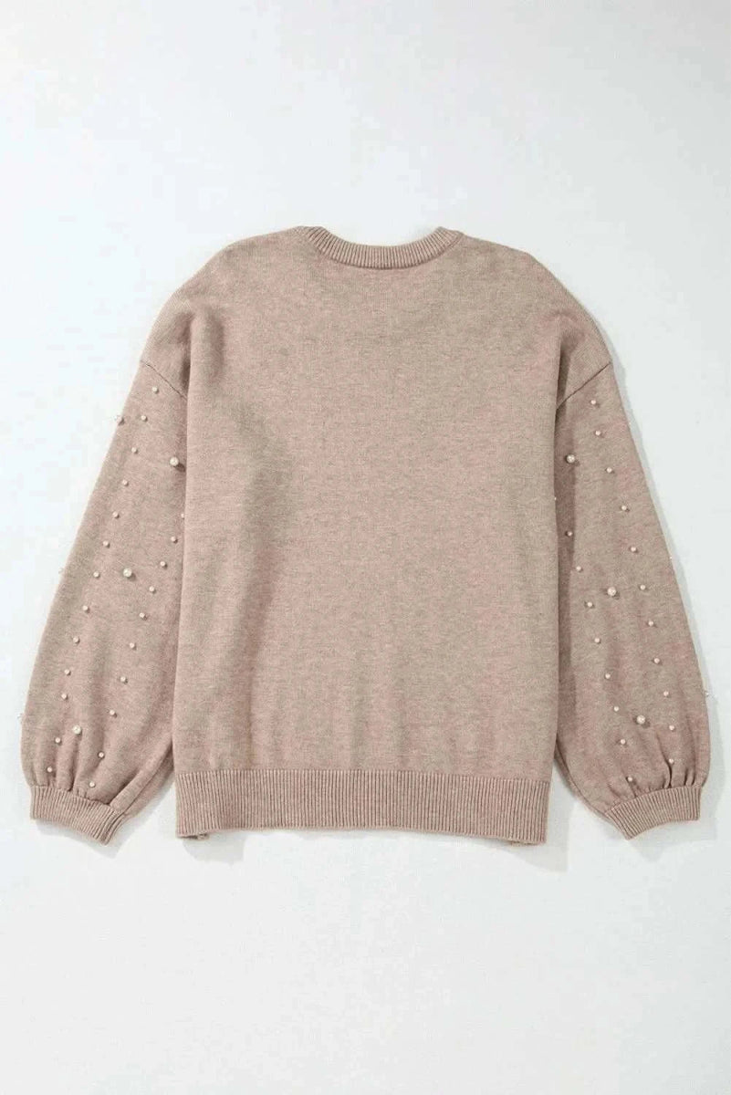 Plus Size Pearl Detail Round Neck Long Sleeve Sweater - Love Salve 