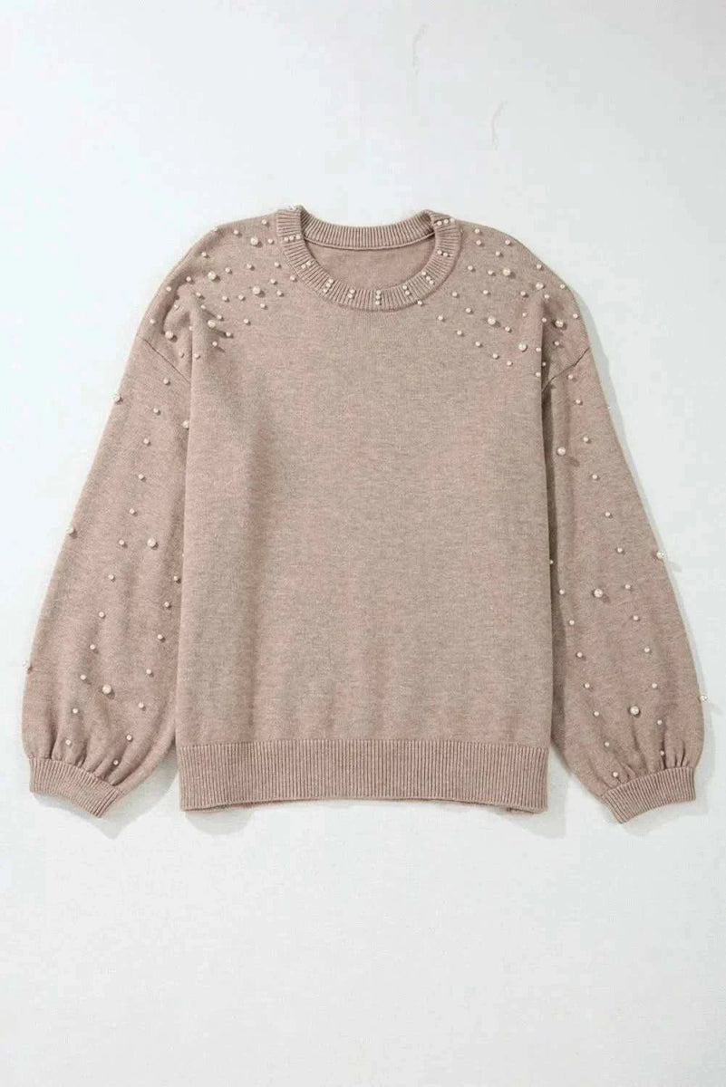 Plus Size Pearl Detail Round Neck Long Sleeve Sweater - Love Salve 