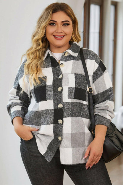 Plus Size Plaid Button Up Collared Neck Jacket - Love Salve