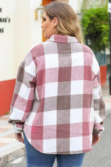 Plus Size Plaid Button Up Collared Neck Jacket - Love Salve