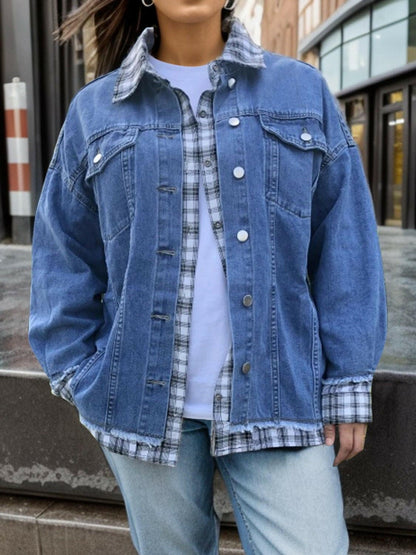 Plaid Print Plus Size Denim Jacket with Collared NeckPlaid Print Plus Size Denim Jacket with Collared Neck
 Upgrade your style game with our Plaid Print Plus Size Denim Jacket. This jacket is a must-have for those seekLove Salve Size Denim Jacketplus