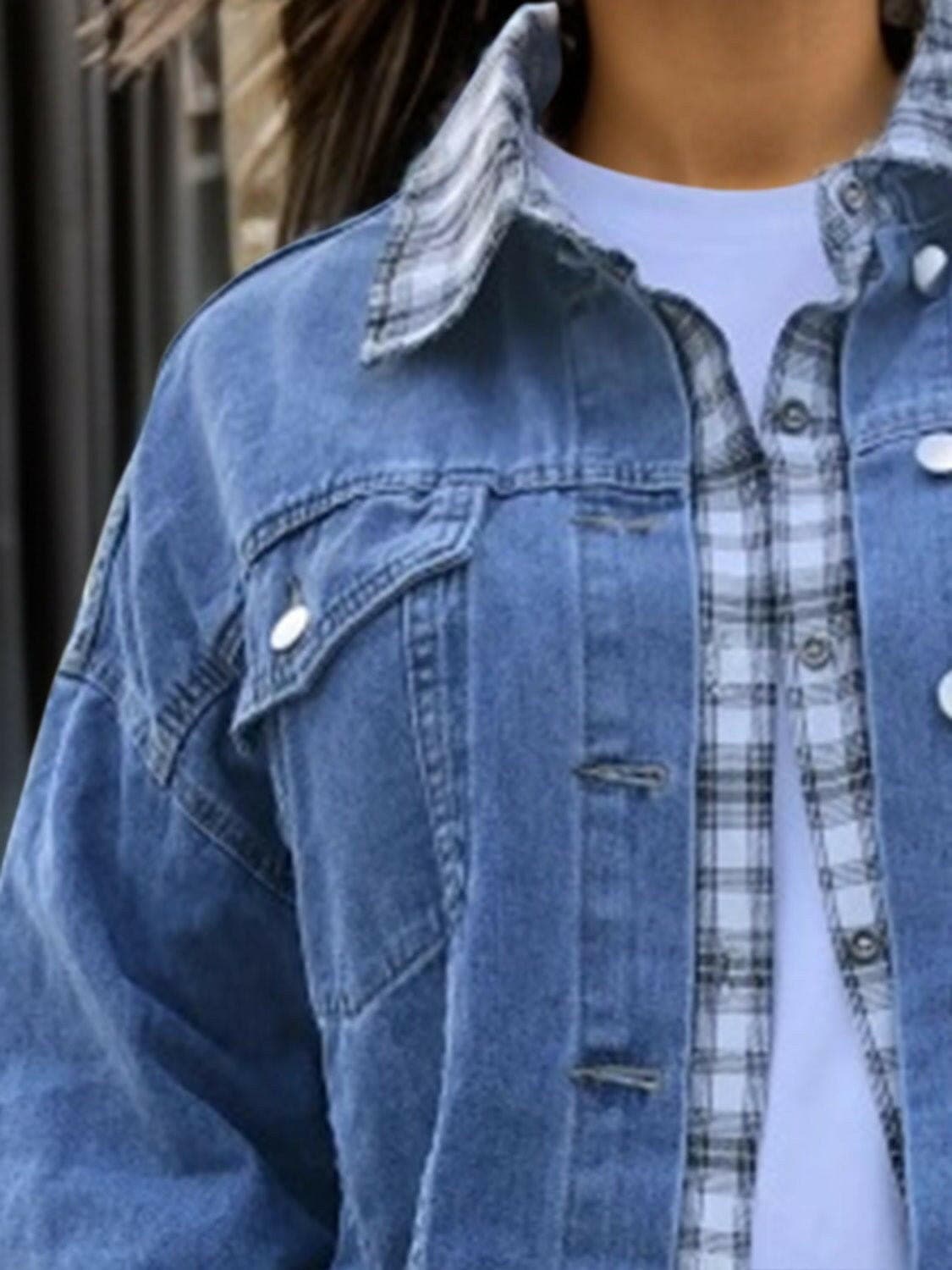 Plaid Print Plus Size Denim Jacket with Collared NeckPlaid Print Plus Size Denim Jacket with Collared Neck
 Upgrade your style game with our Plaid Print Plus Size Denim Jacket. This jacket is a must-have for those seekLove Salve Size Denim Jacketplus