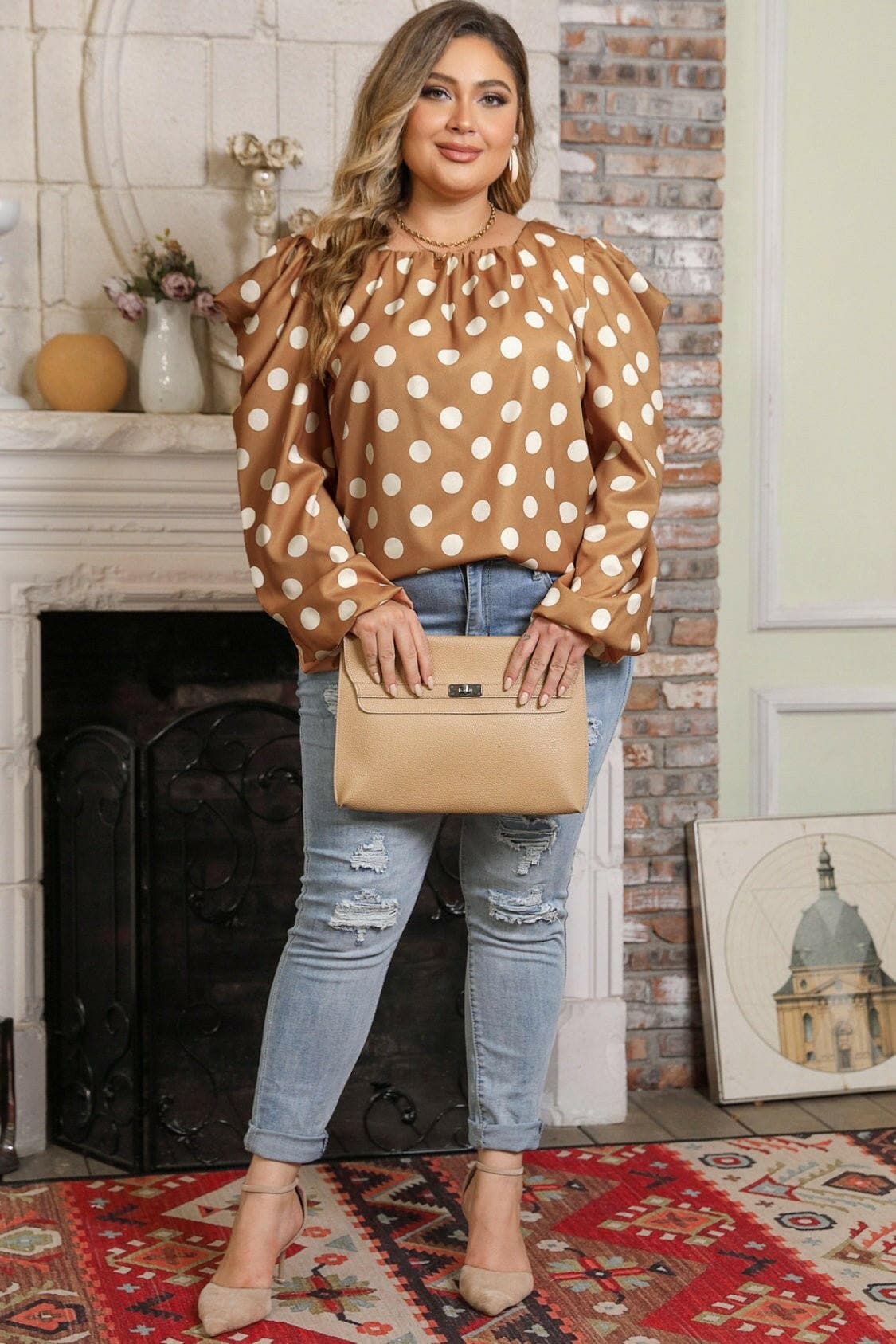 Plus Size Polka Dot Long Sleeve Blouse - Love Salve