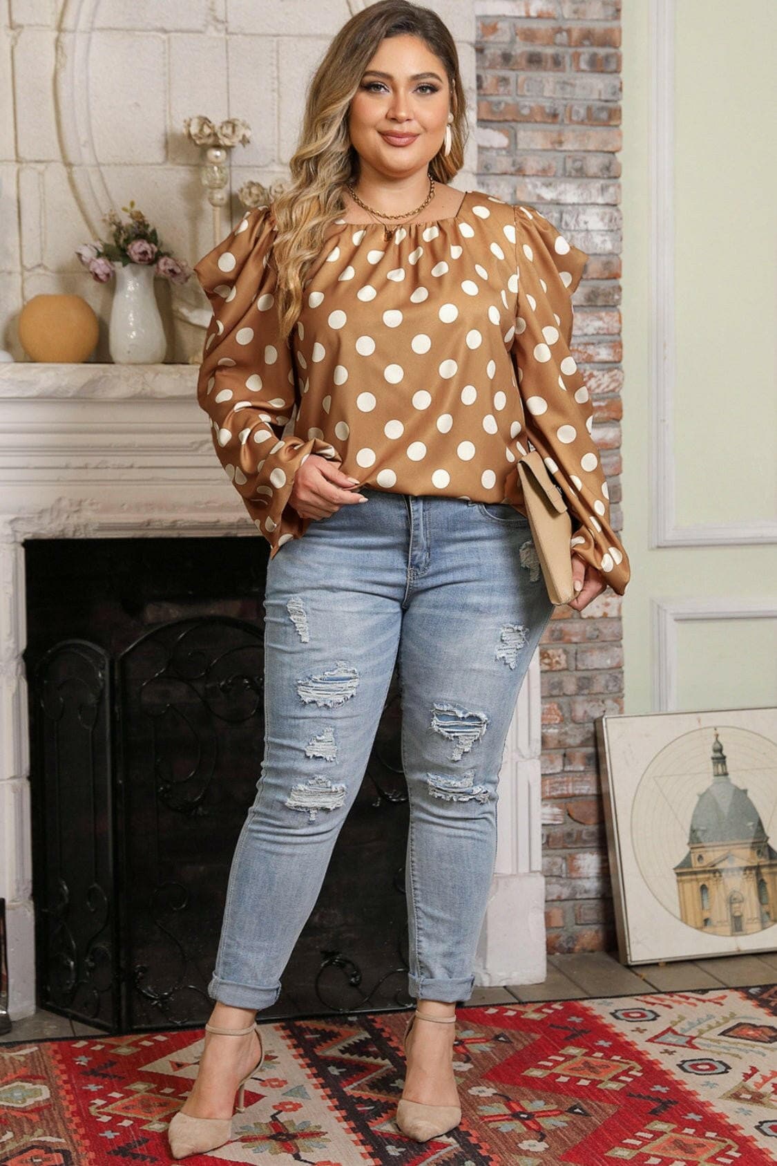 Plus Size Polka Dot Long Sleeve Blouse - Love Salve