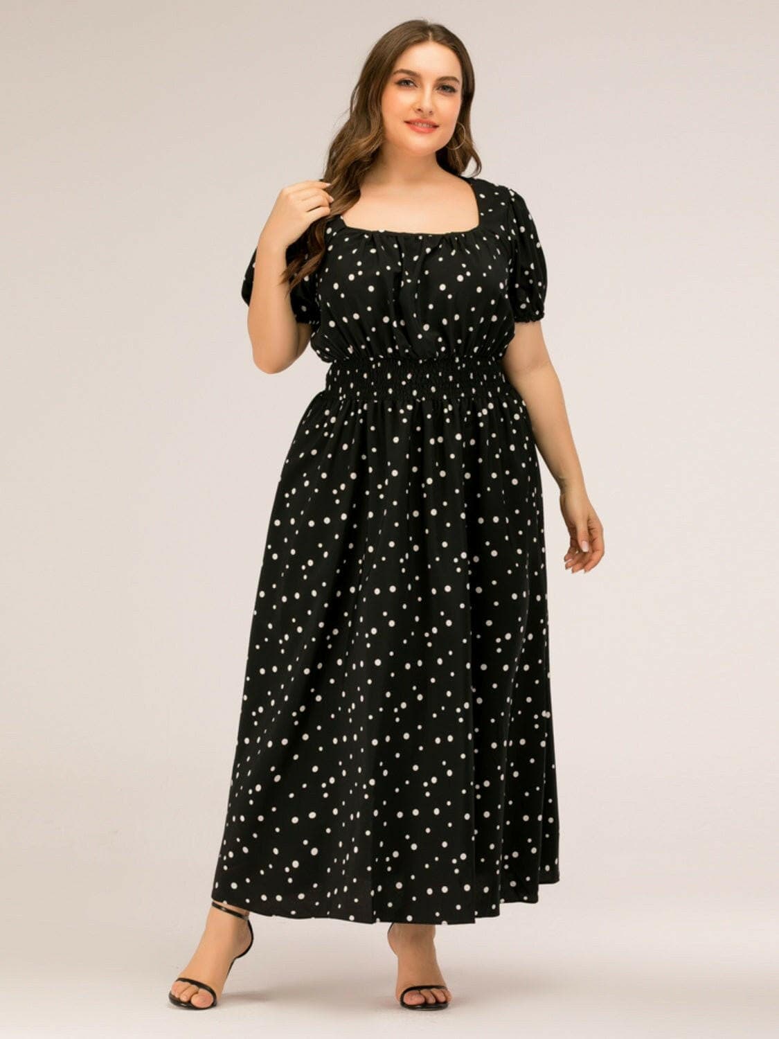 Curvy polka dot square neck dress for sizes 1XL-4XL, flattering fit, chic design.