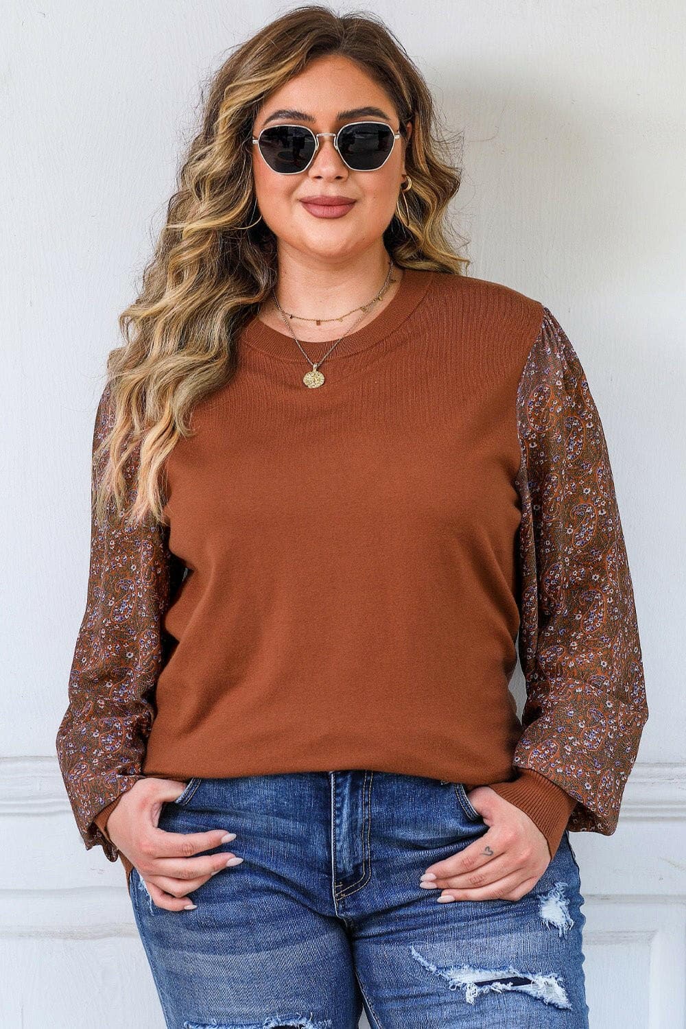 Plus Size Printed Dropped Shoulder Round Neck Blouse - Love Salve