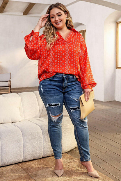 Printed Plus Size Long Sleeve Blouse with Johnny CollarPrinted Plus Size Long Sleeve Blouse with Johnny Collar
 Upgrade your wardrobe with the perfect blend of style and comfort. Introducing our Printed Plus Size Long SlLove Salve Size Long Sleeve Blouseplus