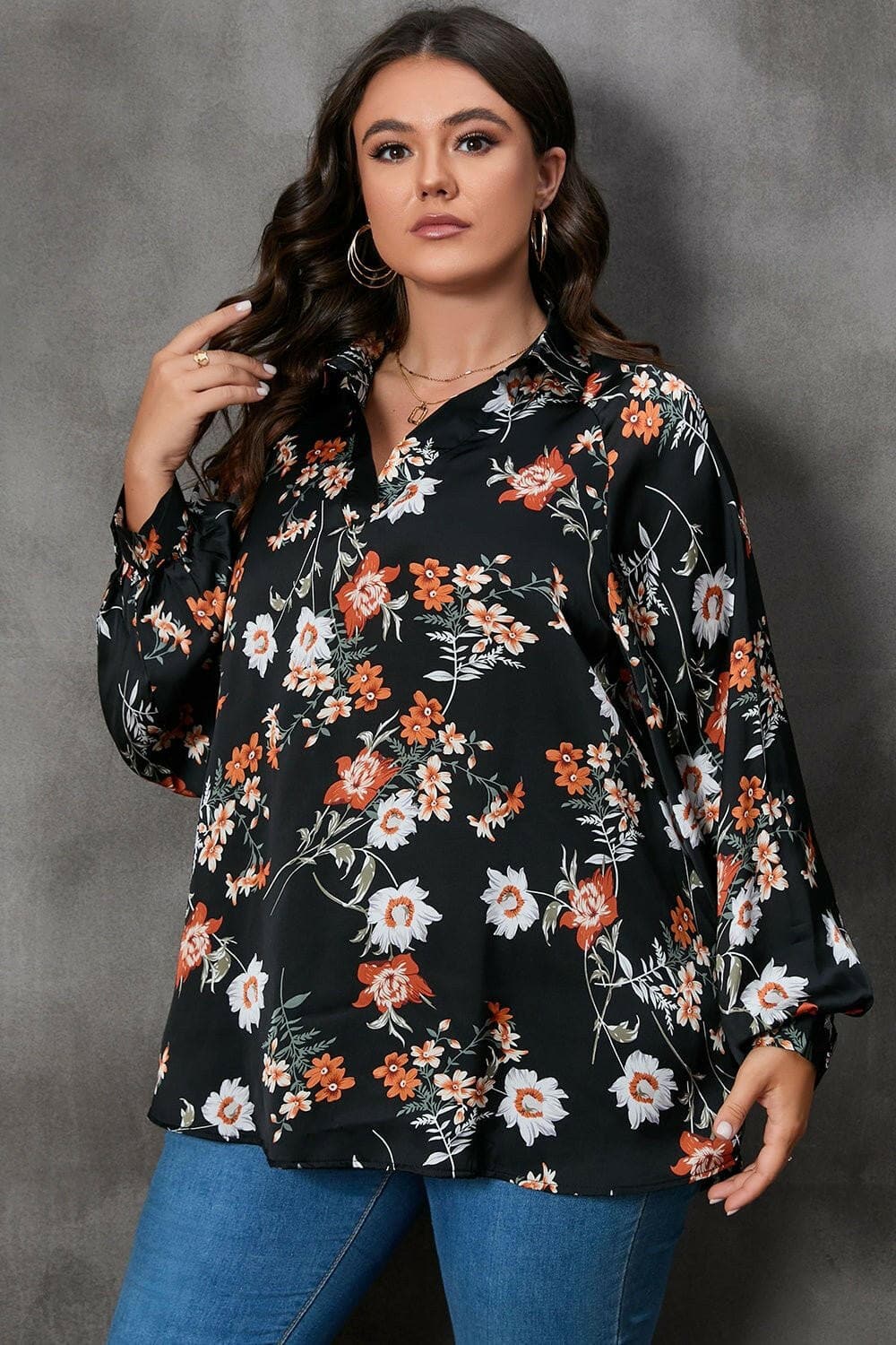 Printed Plus Size Long Sleeve Blouse with Johnny CollarPrinted Plus Size Long Sleeve Blouse with Johnny Collar
 Upgrade your wardrobe with the perfect blend of style and comfort. Introducing our Printed Plus Size Long SlLove Salve Size Long Sleeve Blouseplus