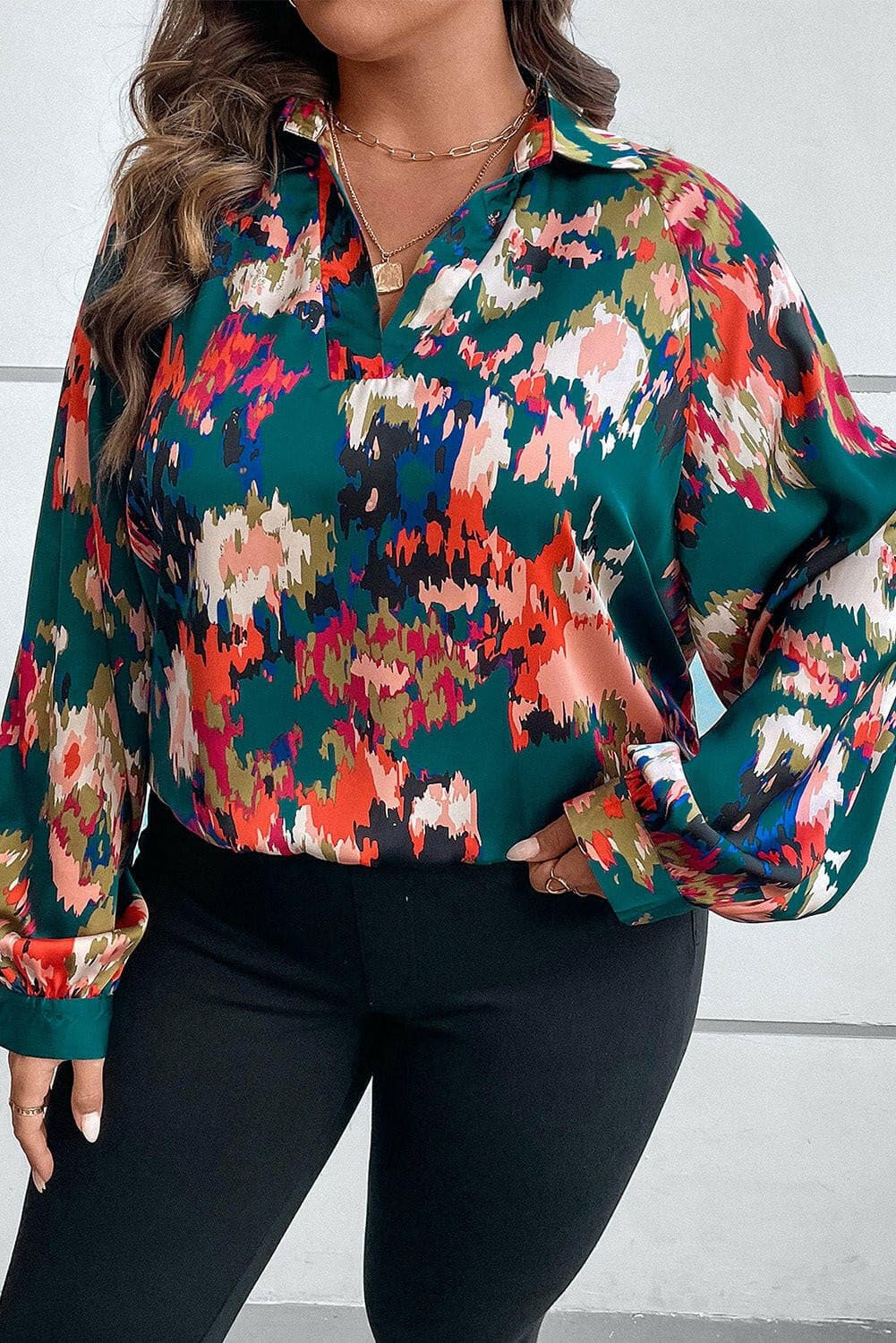 Printed Plus Size Long Sleeve Blouse with Johnny CollarPrinted Plus Size Long Sleeve Blouse with Johnny Collar
 Upgrade your wardrobe with the perfect blend of style and comfort. Introducing our Printed Plus Size Long SlLove Salve Size Long Sleeve Blouseplus