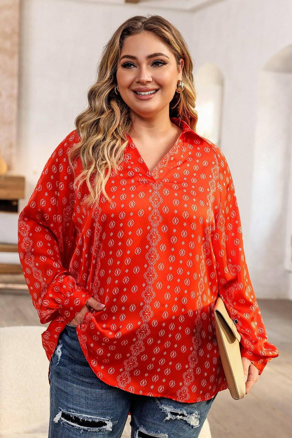 Printed Plus Size Long Sleeve Blouse with Johnny CollarPrinted Plus Size Long Sleeve Blouse with Johnny Collar
 Upgrade your wardrobe with the perfect blend of style and comfort. Introducing our Printed Plus Size Long SlLove Salve Size Long Sleeve Blouseplus