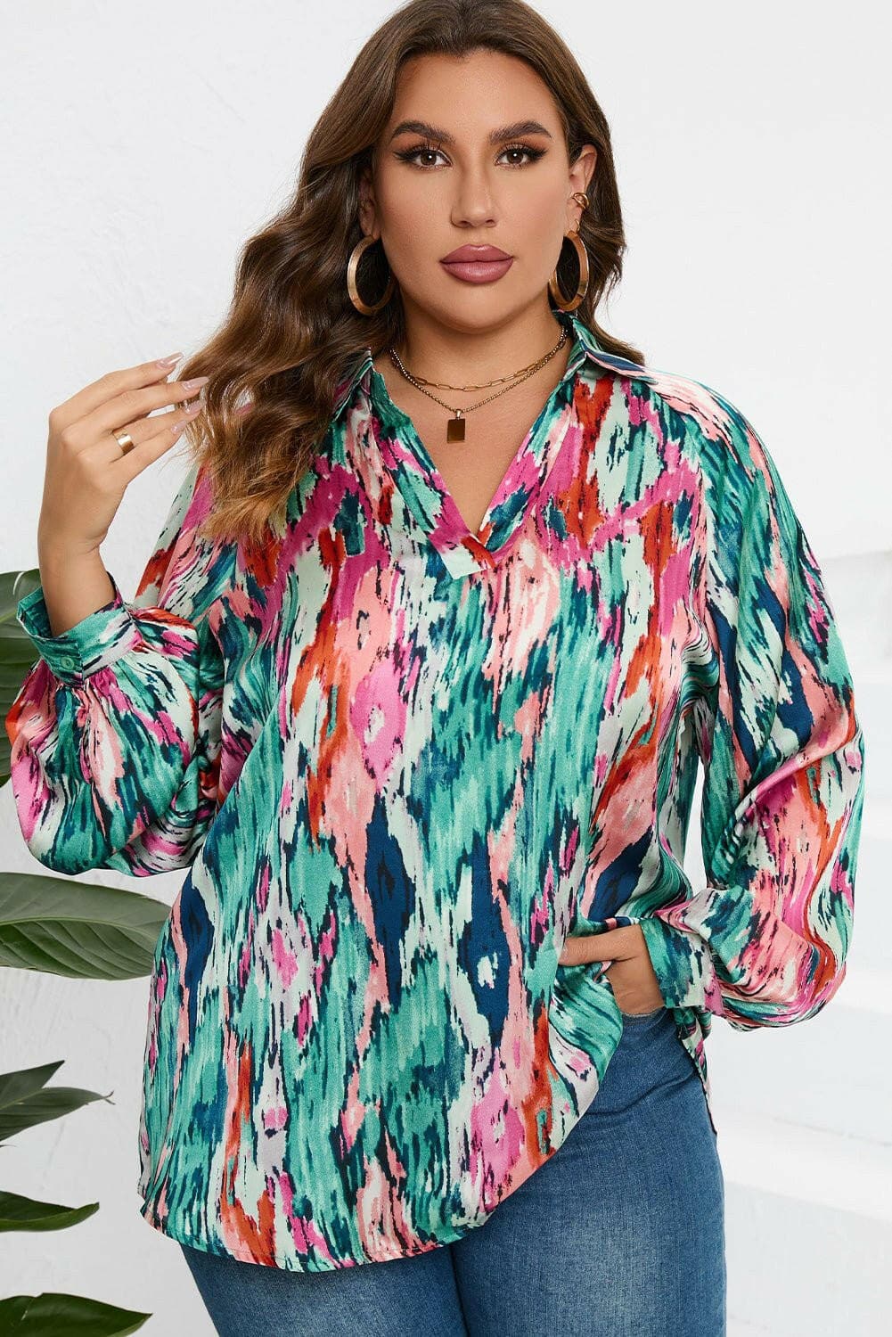 Printed Plus Size Long Sleeve Blouse with Johnny CollarPrinted Plus Size Long Sleeve Blouse with Johnny Collar
 Upgrade your wardrobe with the perfect blend of style and comfort. Introducing our Printed Plus Size Long SlLove Salve Size Long Sleeve Blouseplus