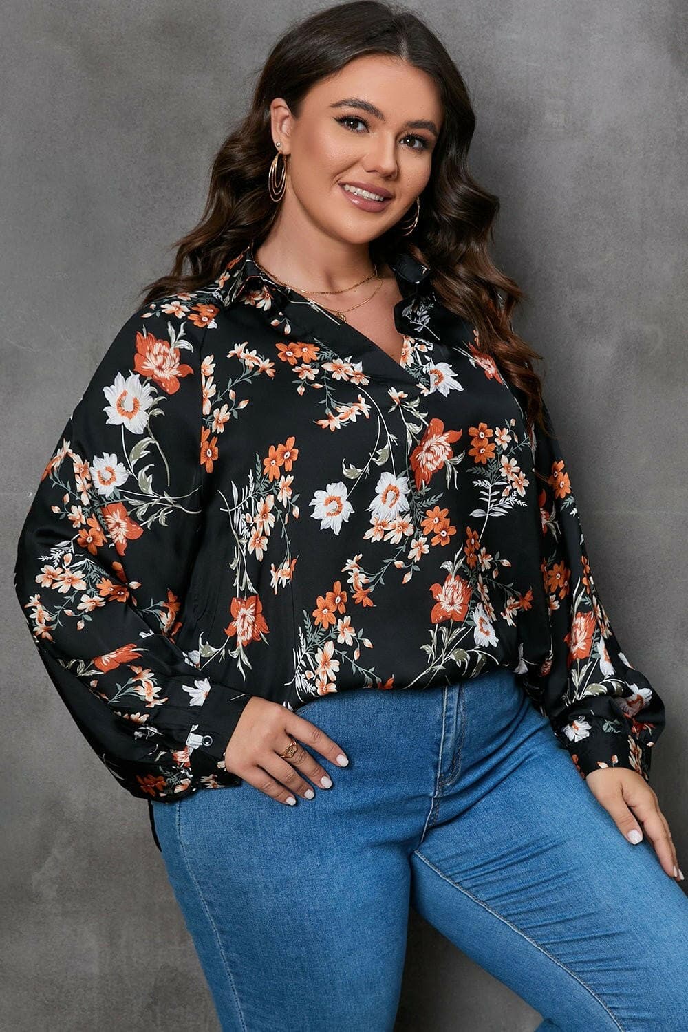 Printed Plus Size Long Sleeve Blouse with Johnny CollarPrinted Plus Size Long Sleeve Blouse with Johnny Collar
 Upgrade your wardrobe with the perfect blend of style and comfort. Introducing our Printed Plus Size Long SlLove Salve Size Long Sleeve Blouseplus