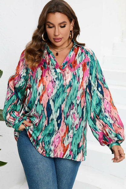 Printed Plus Size Long Sleeve Blouse with Johnny CollarPrinted Plus Size Long Sleeve Blouse with Johnny Collar
 Upgrade your wardrobe with the perfect blend of style and comfort. Introducing our Printed Plus Size Long SlLove Salve Size Long Sleeve Blouseplus