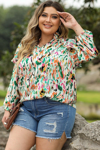 Plus Size Printed Ruffle Trim Long Sleeve Blouse - Love Salve