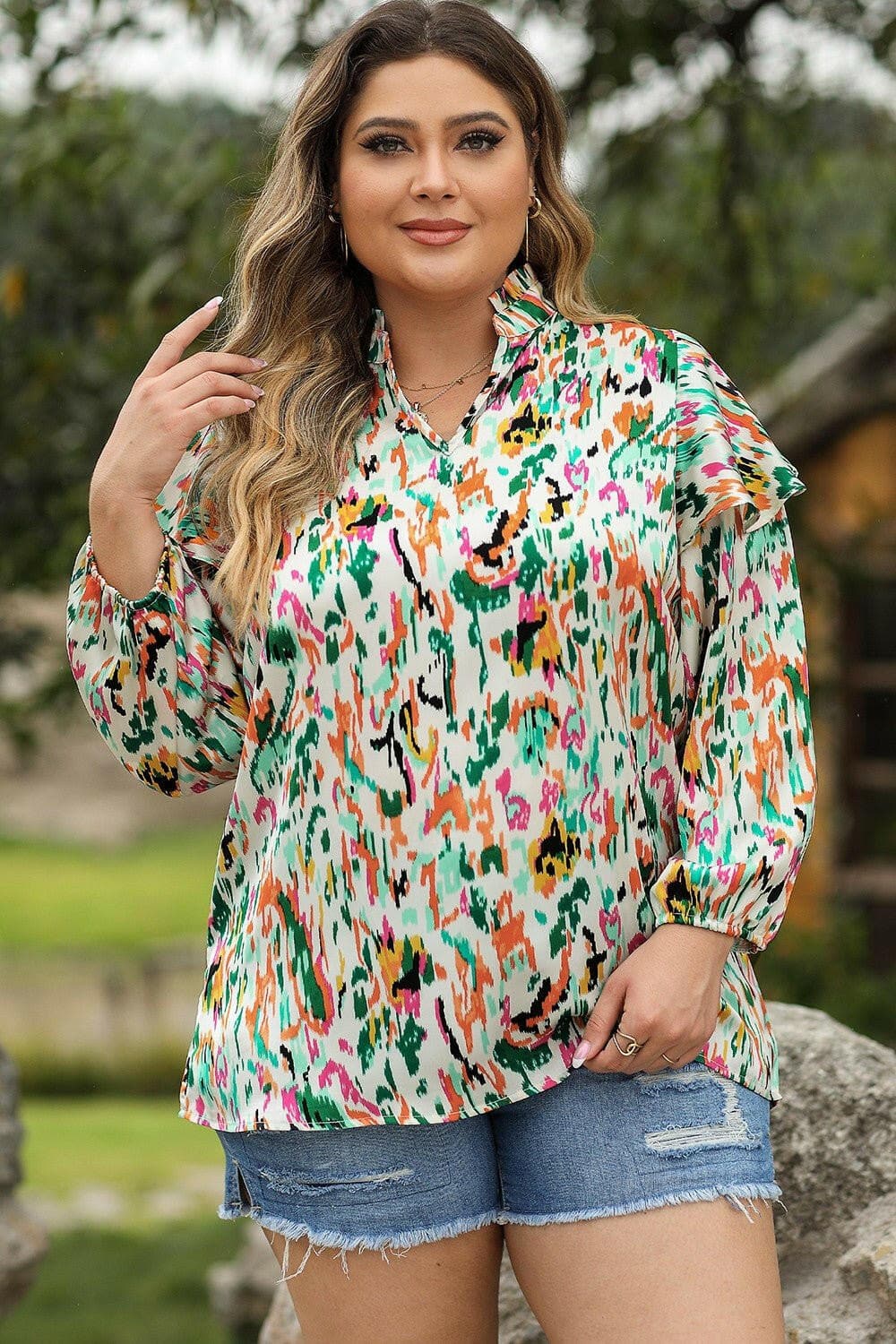 Plus Size Printed Ruffle Trim Long Sleeve Blouse - Love Salve