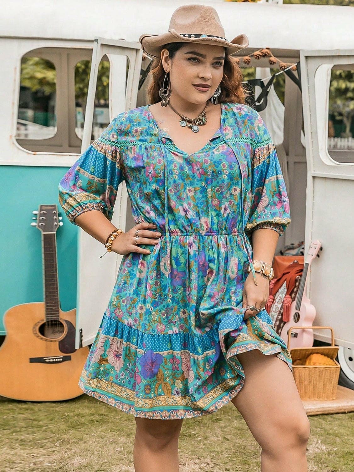 Plus Size Printed Tie Neck Mini Dress - Love Salve