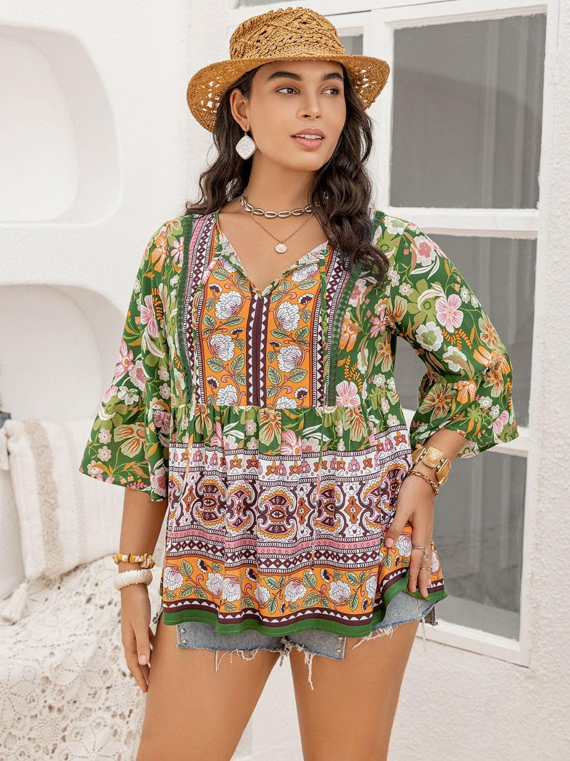 Plus Size Printed Tie Neck Peplum Blouse - Love Salve