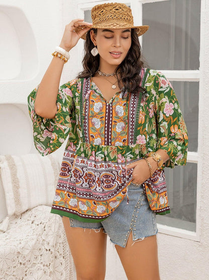 Plus Size Printed Tie Neck Peplum Blouse - Love Salve