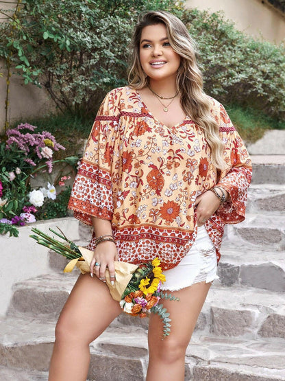 Printed V-Neck Blouse with Three-Quarter Sleeves for Curvy WomenPrinted V-Neck Blouse with Three-Quarter Sleeves for Curvy Women
 Upgrade Your Style with the Printed V-Neck Blouse
 Step up your fashion game with our Printed V-NecLove Salve -Neck Blouseplus