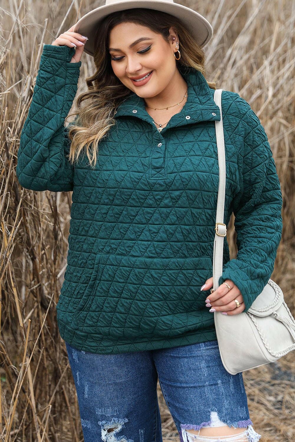 Plus Size Quarter Snap Quilted Sweatshirt - Love Salve