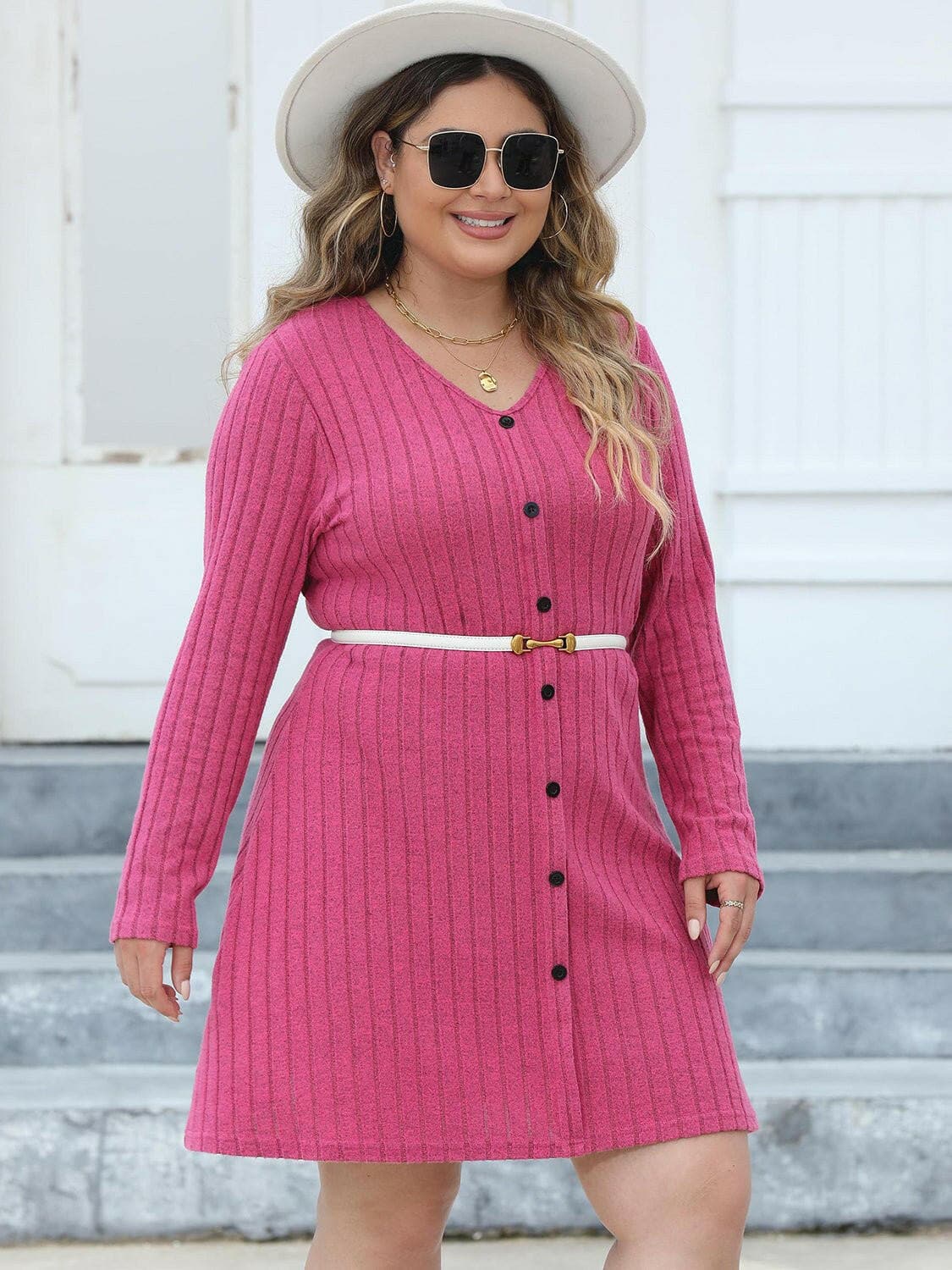 Buttoned V-Neck Ribbed Long Sleeve Dress for Curvy LadiesUpgrade Your Style with the Buttoned V-Neck Ribbed Long Sleeve Dress for Curvy Ladies
 Enhance your wardrobe with our Buttoned V-Neck Ribbed Long Sleeve Dress speciaLove Salve -Neck Ribbed Long Sleeve Dressplus