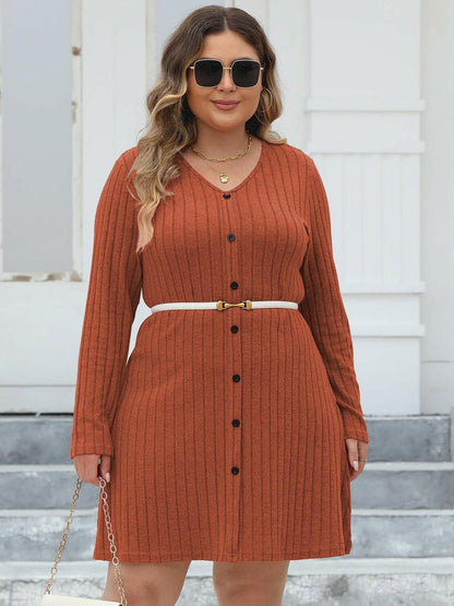 Buttoned V-Neck Ribbed Long Sleeve Dress for Curvy LadiesUpgrade Your Style with the Buttoned V-Neck Ribbed Long Sleeve Dress for Curvy Ladies
 Enhance your wardrobe with our Buttoned V-Neck Ribbed Long Sleeve Dress speciaLove Salve -Neck Ribbed Long Sleeve Dressplus