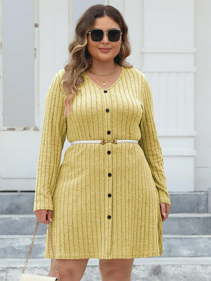 Buttoned V-Neck Ribbed Long Sleeve Dress for Curvy LadiesUpgrade Your Style with the Buttoned V-Neck Ribbed Long Sleeve Dress for Curvy Ladies
 Enhance your wardrobe with our Buttoned V-Neck Ribbed Long Sleeve Dress speciaLove Salve -Neck Ribbed Long Sleeve Dressplus