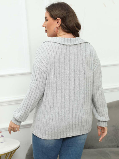 Ribbed Collared Plus Size Long Sleeve Blouse with StretchUpgrade Your Wardrobe with Our Ribbed Collared Plus Size Long Sleeve Blouse
 Indulge in the perfect blend of style and comfort with our Ribbed Collared Plus Size LonLove Salve Size Long Sleeve Blouseplus